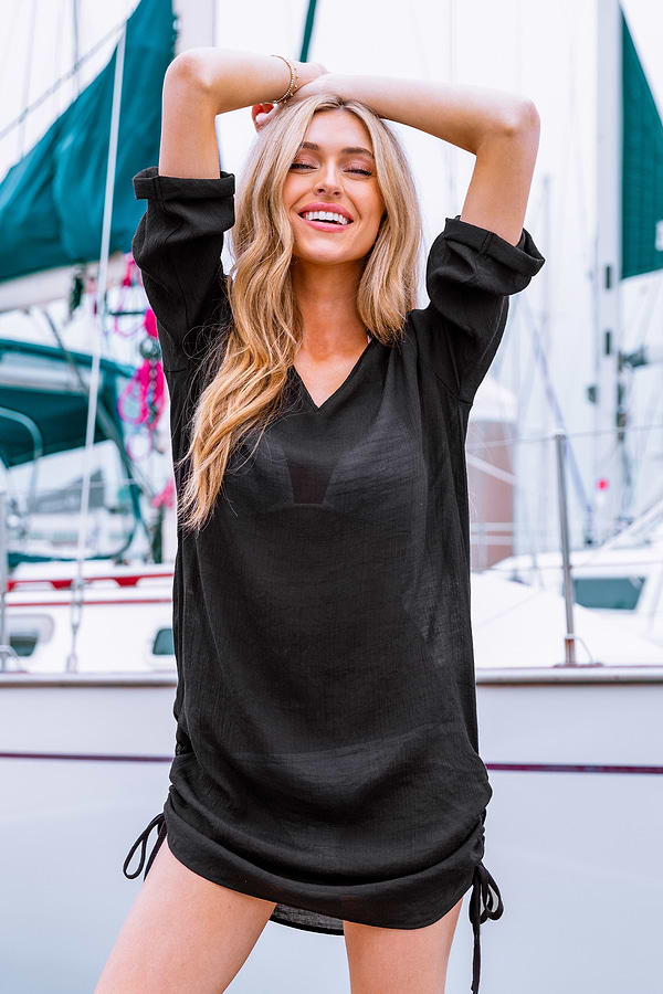 Black Drawstring Sides Cover-Up Mini Dress