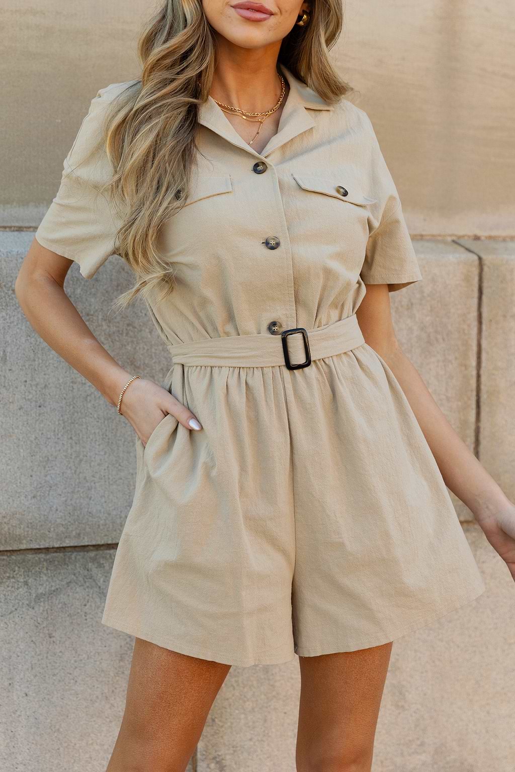 Belted Collared Wide Leg Romper
