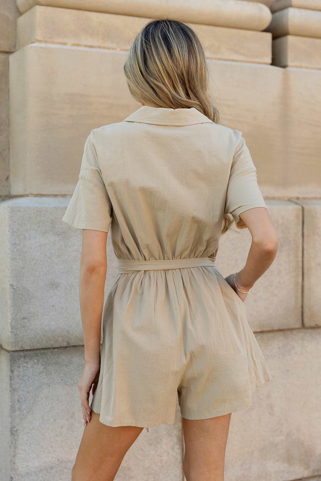 Belted Collared Wide Leg Romper