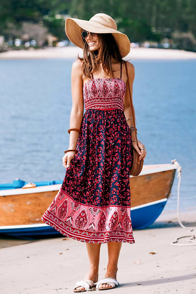 Pink & Red Floral Paisley Midi Dress