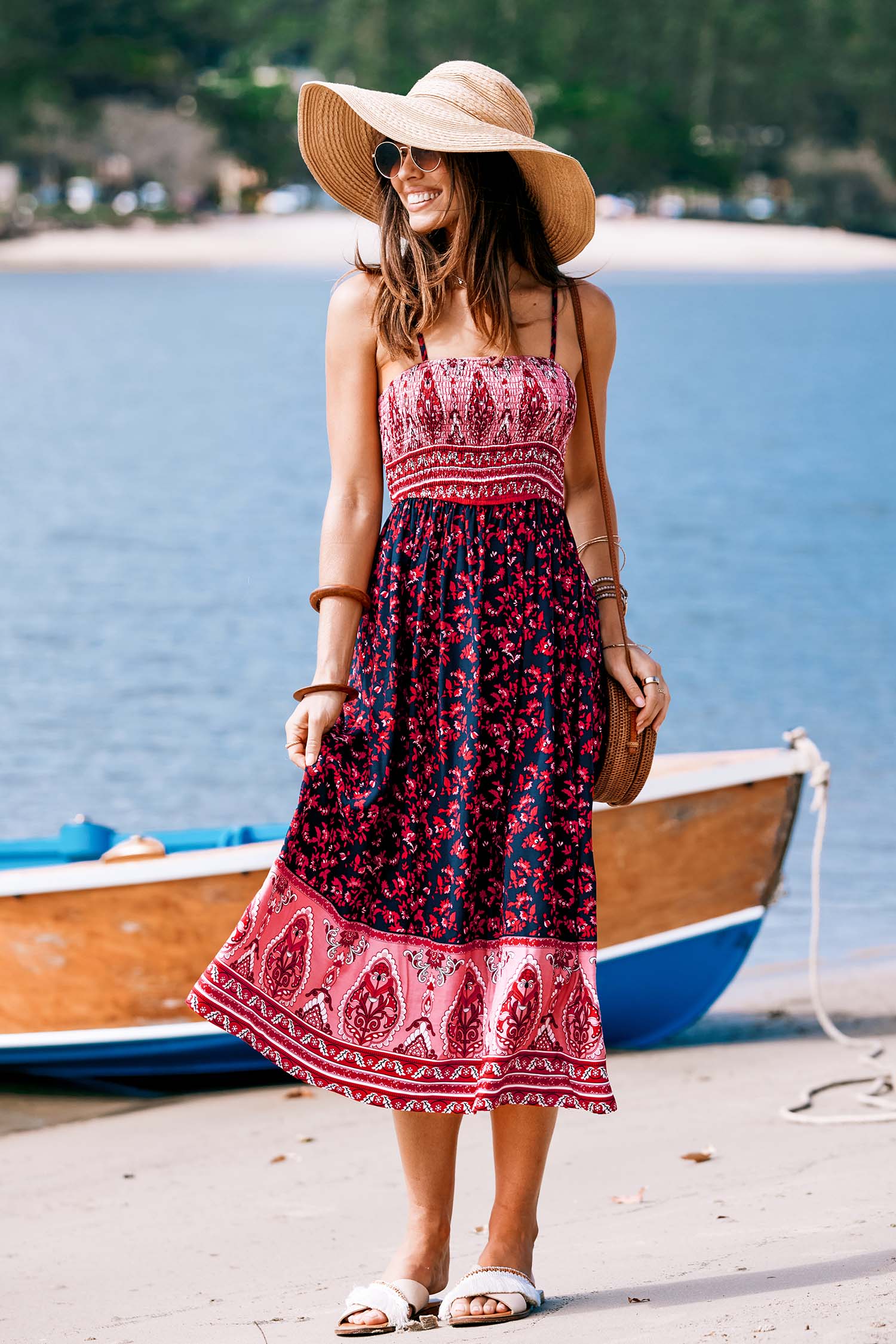Vestido midi de paisley floral rosa y rojo