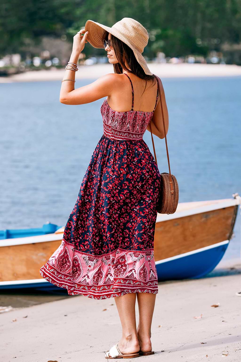 Vestido midi de paisley floral rosa y rojo