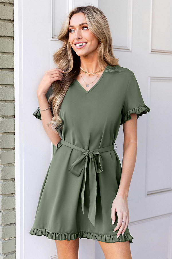 Olive Short Sleeve Micro Ruffle Mini Dress