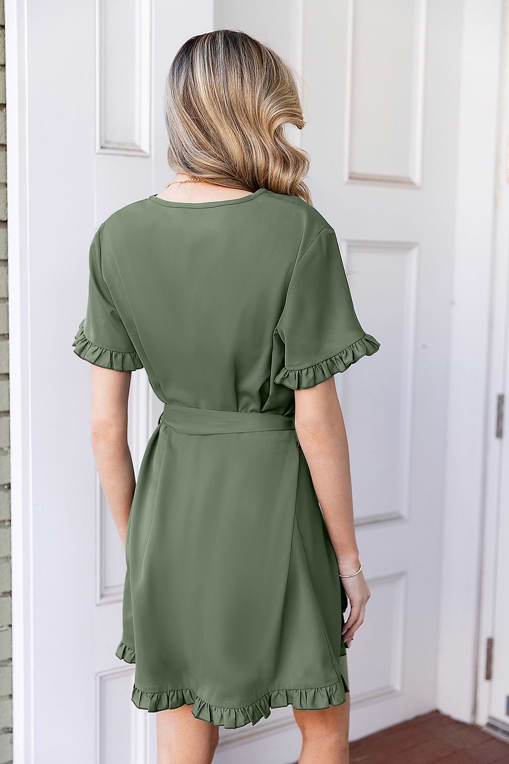 Olive Short Sleeve Micro Ruffle Mini Dress