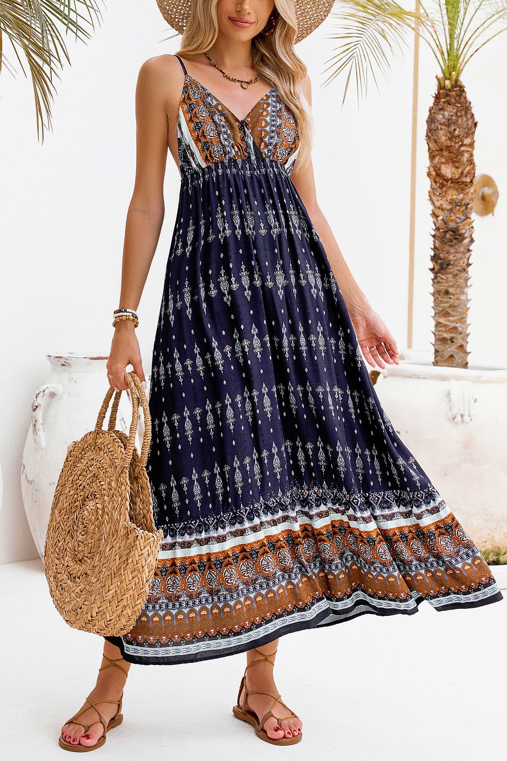 Boho Contrast Pattern Sleeveless Midi Dress