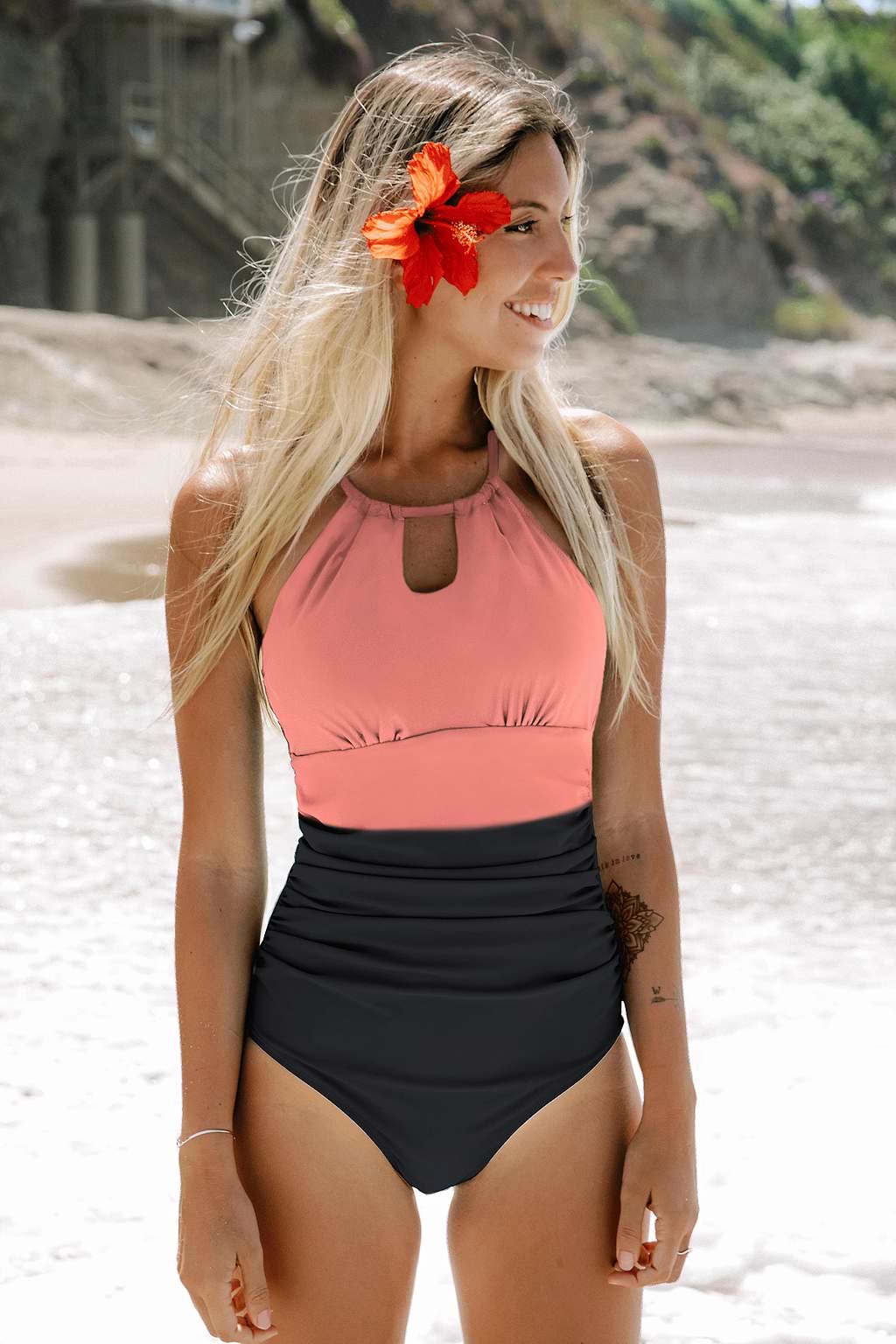 Orange & Black High Neck Cut-Out One Piece Swimsuit