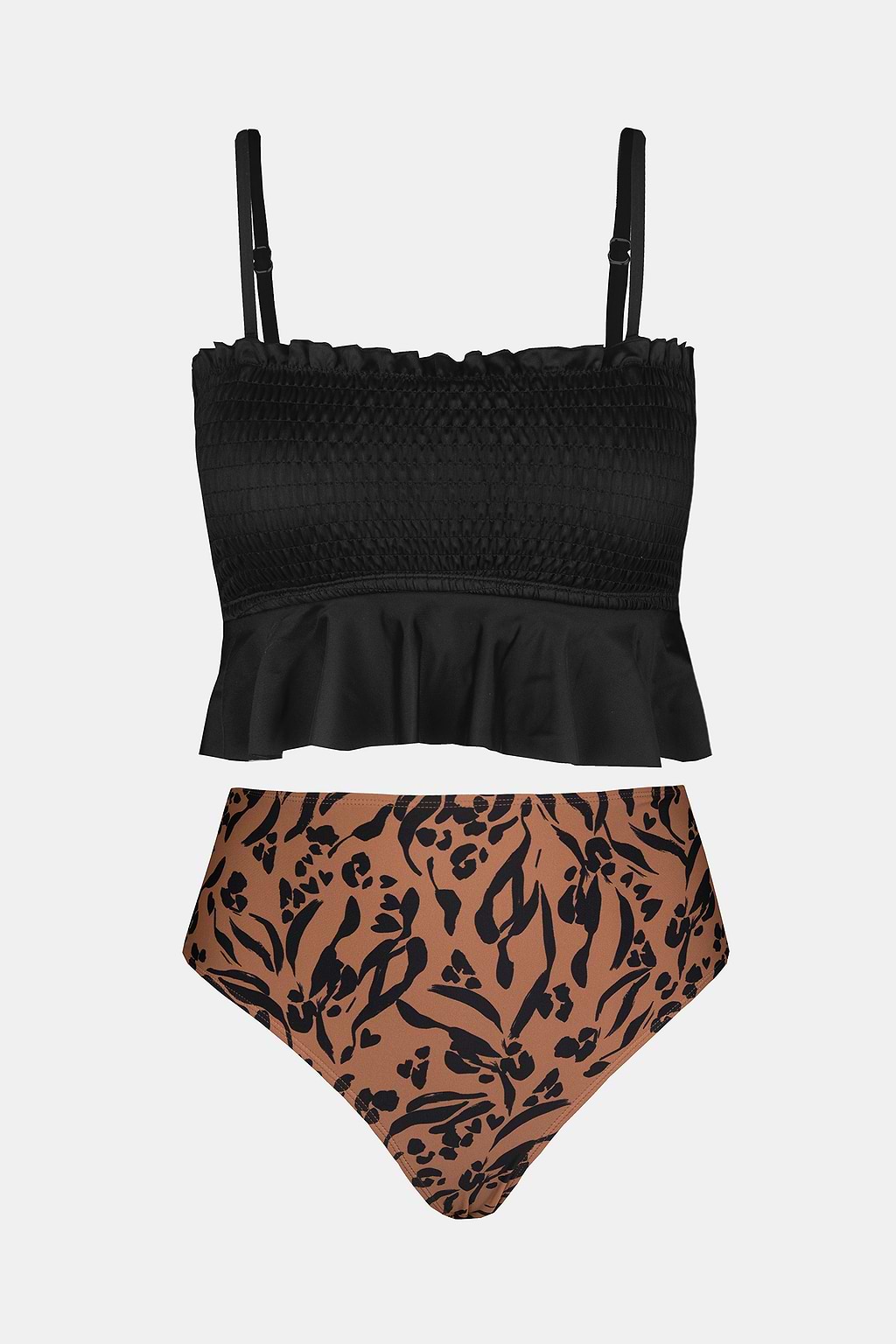 Schwarzes gesmoktes Tankini-Oberteil & High Waist Bikini-Hose
