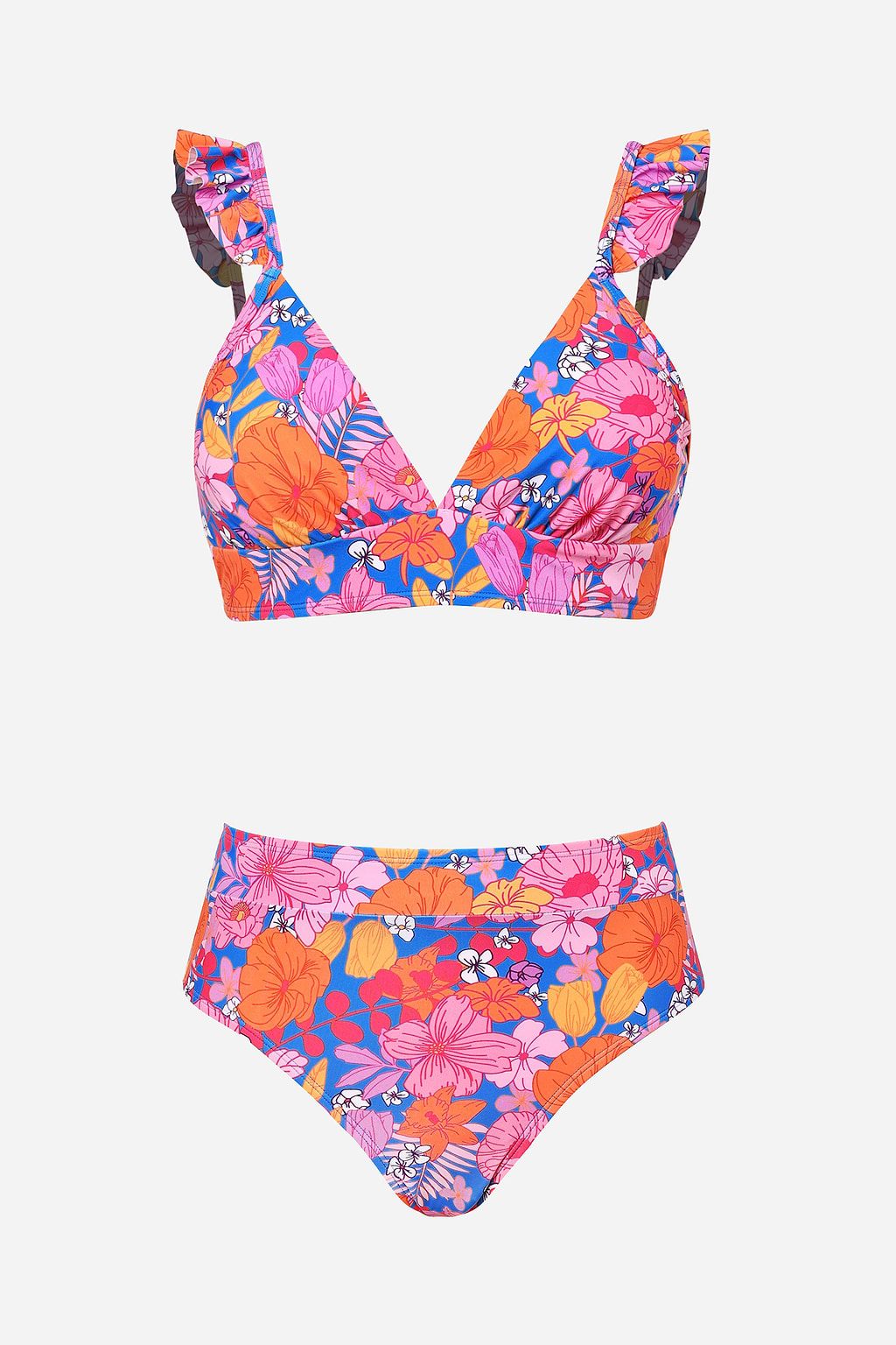 Floral Ruffled Bralette & High Waist Bikini Set