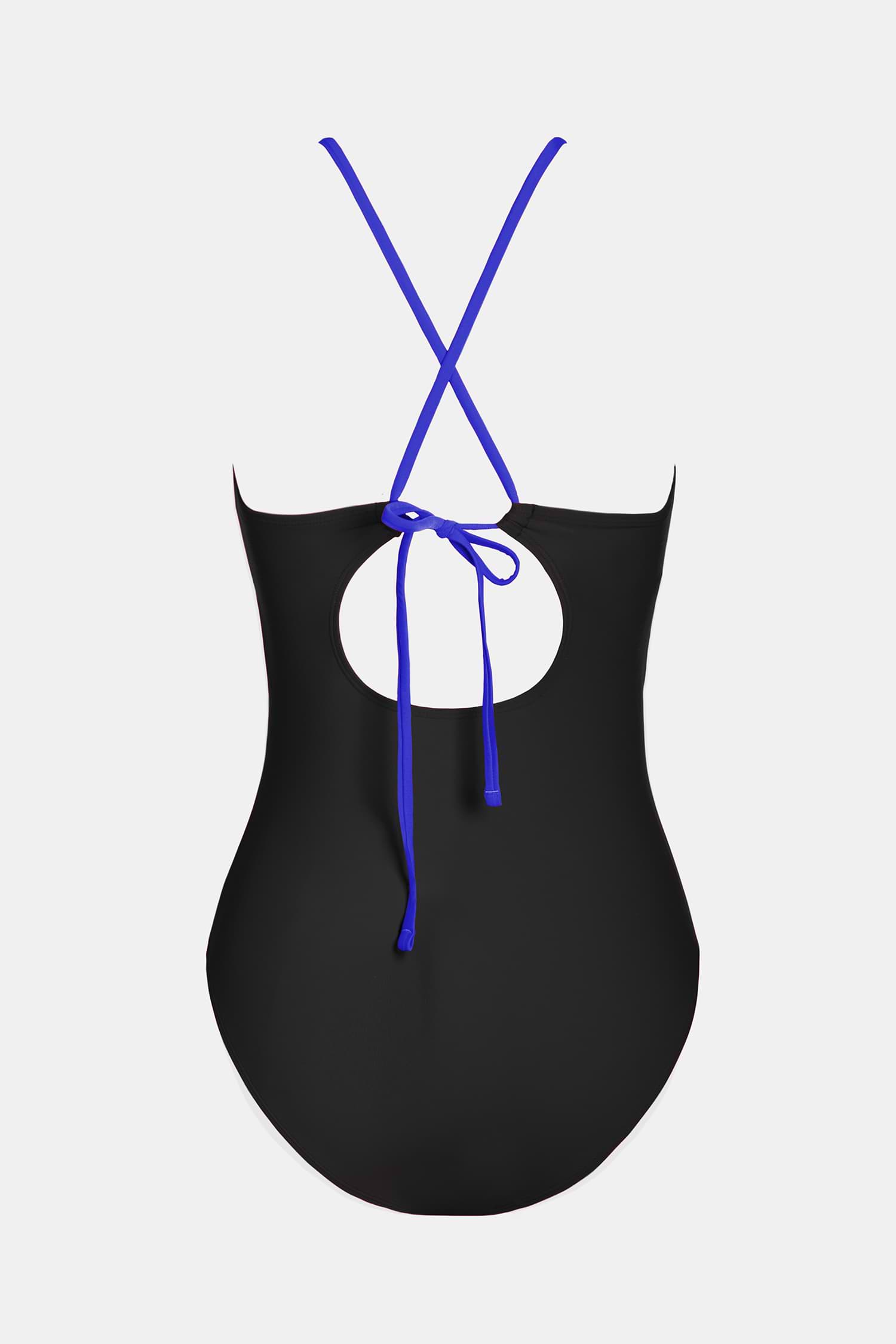 Blue & Black High Neck Cut-Out One Piece Swimsuit