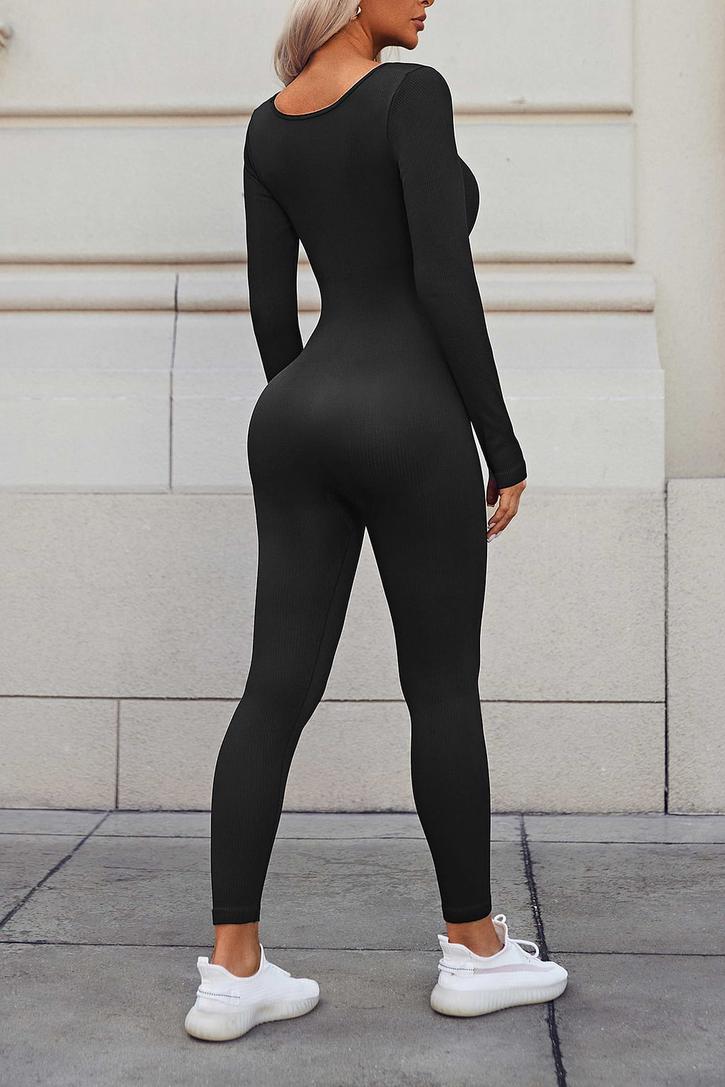 Black Ribbed Knit Square Neck Active Jumpsuit