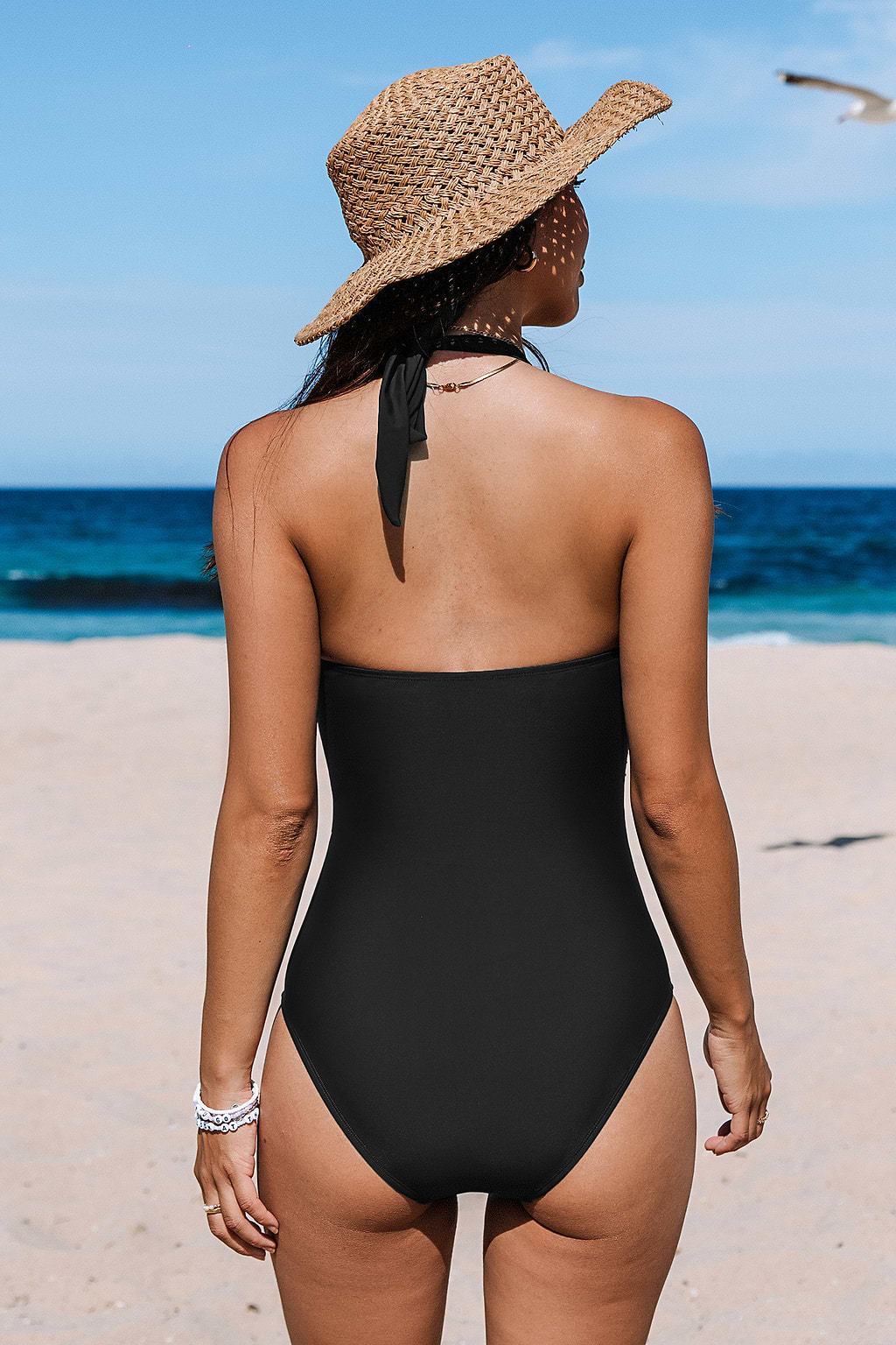 Black Halter Plunge Tummy Control One Piece Swimsuit