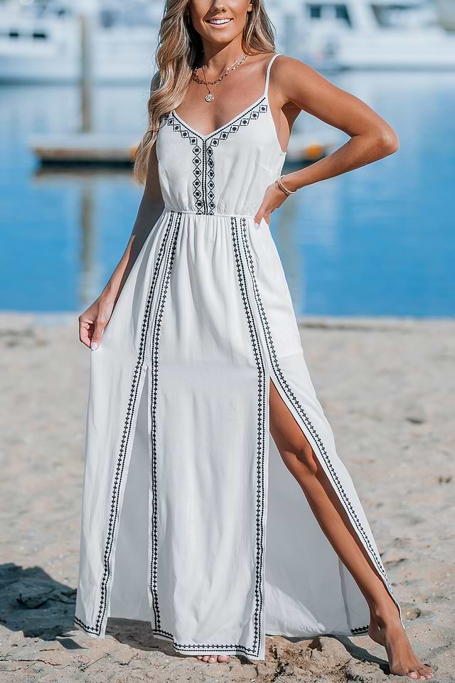 V-Neck Embroidered Split Slip Dress V-Neck Embroidered Split Slip Dress