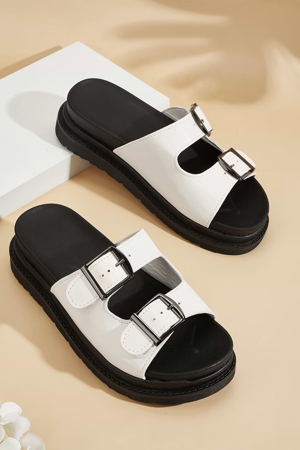 White Buckle Strap Platform Sandals