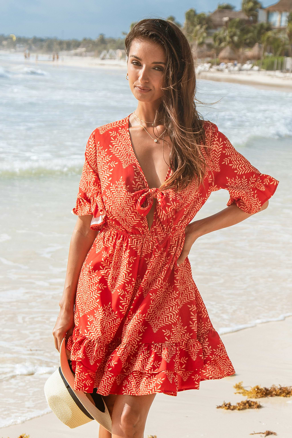 X Iskra Candy Apple Front Tie Flared Sleeve Mini Dress