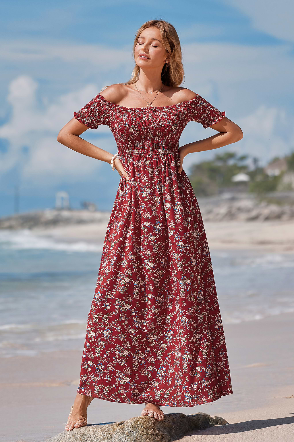 X Iskra Off-Shoulder Smocked Ditsy Maxi Dress