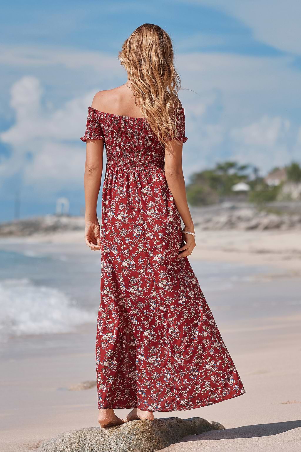 X Iskra Off-Shoulder Smocked Ditsy Maxi Dress