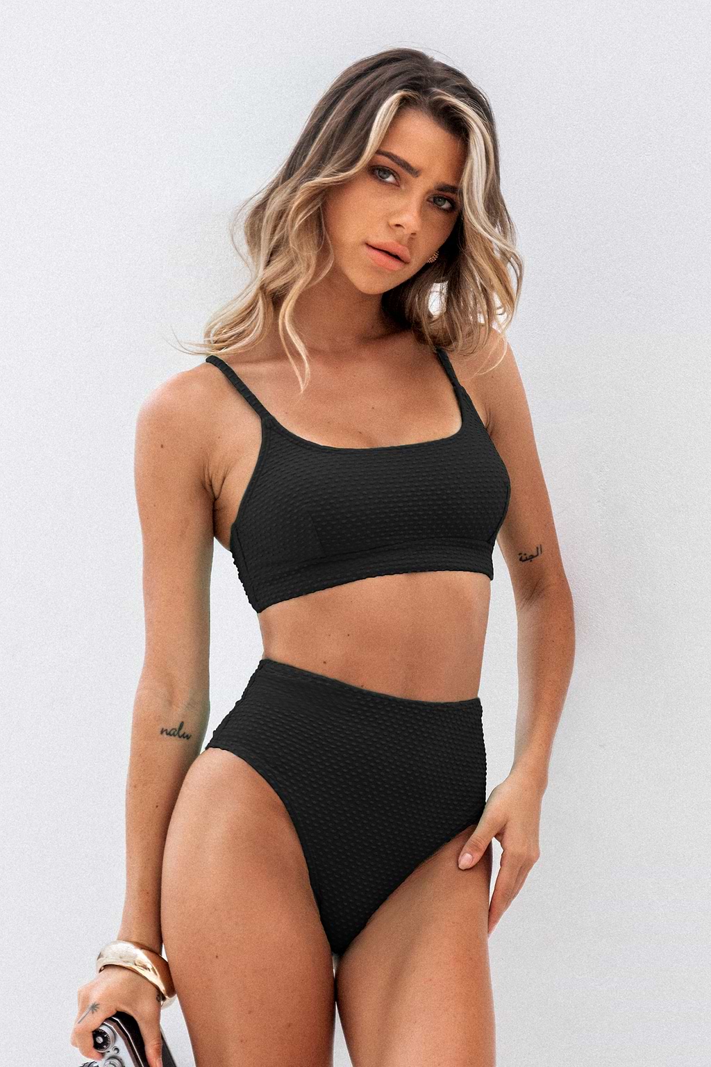Textured Black Scoop Neck Bikini Top & High-Waisted Bottoms Set