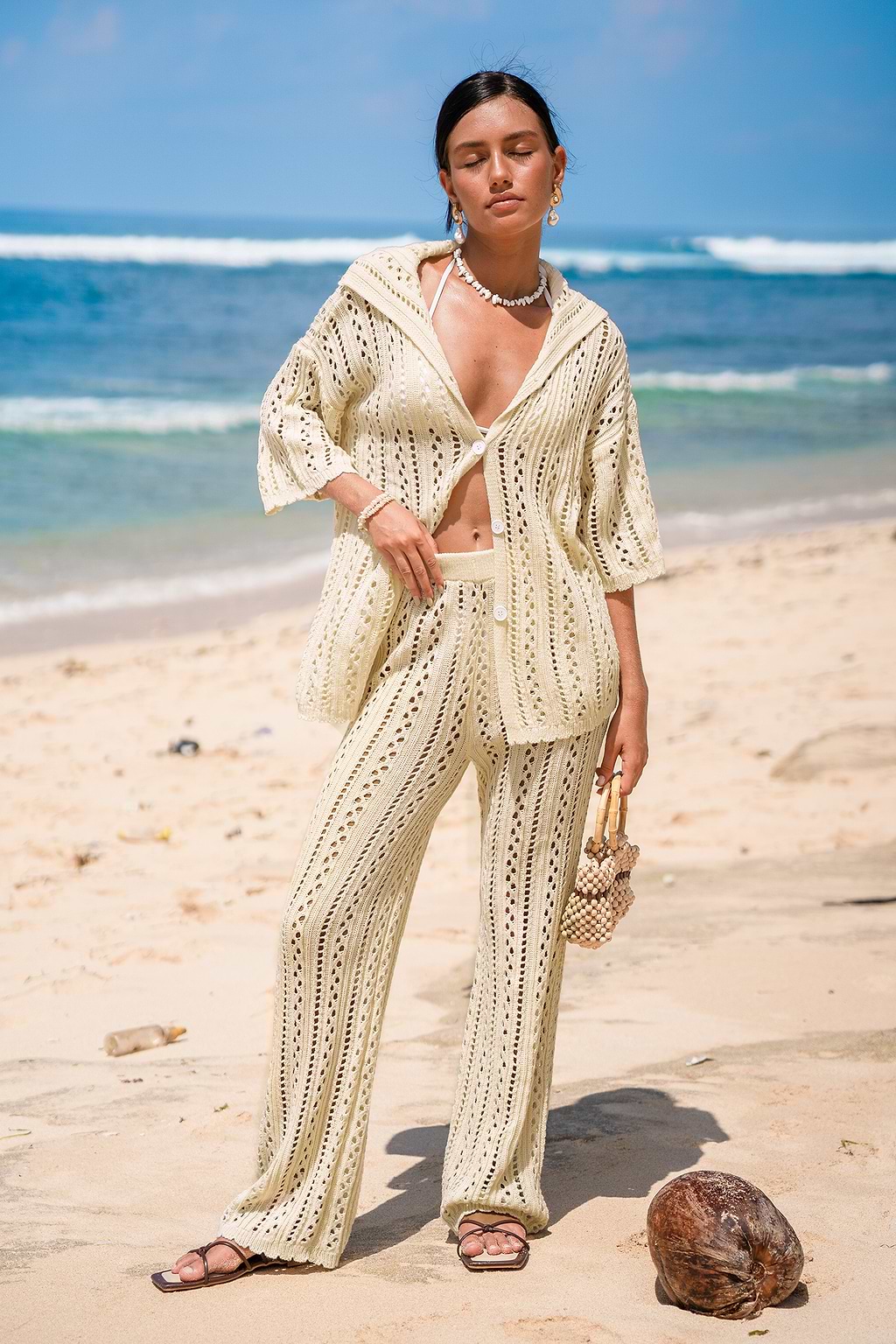 Cream Collared Button-Up Crochet Top & Pants Set