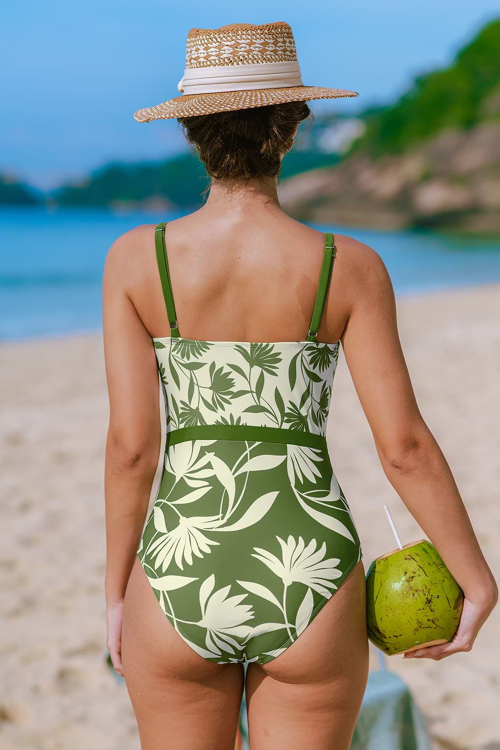 Green & White Floral Square Neck One-Piece