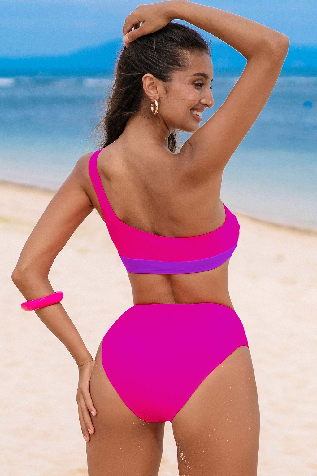 Hot Pink and Purple One-Shoulder Bikini Top & V-Waist Bottoms Set