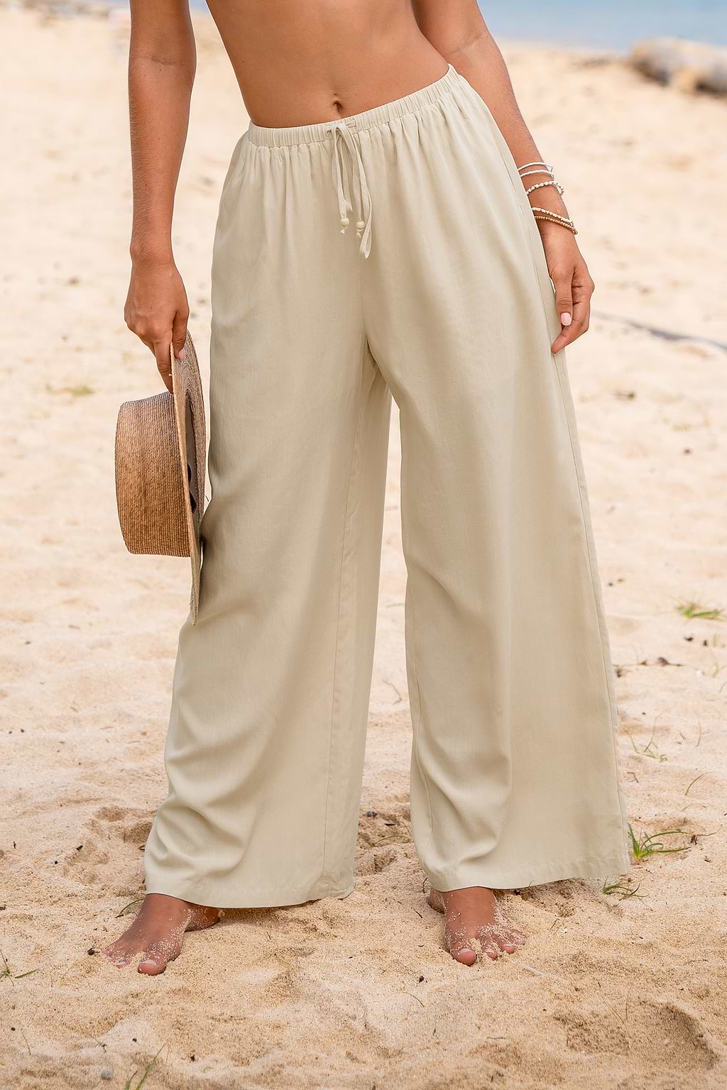 Khaki Loose Straight Leg Drawstring Pants