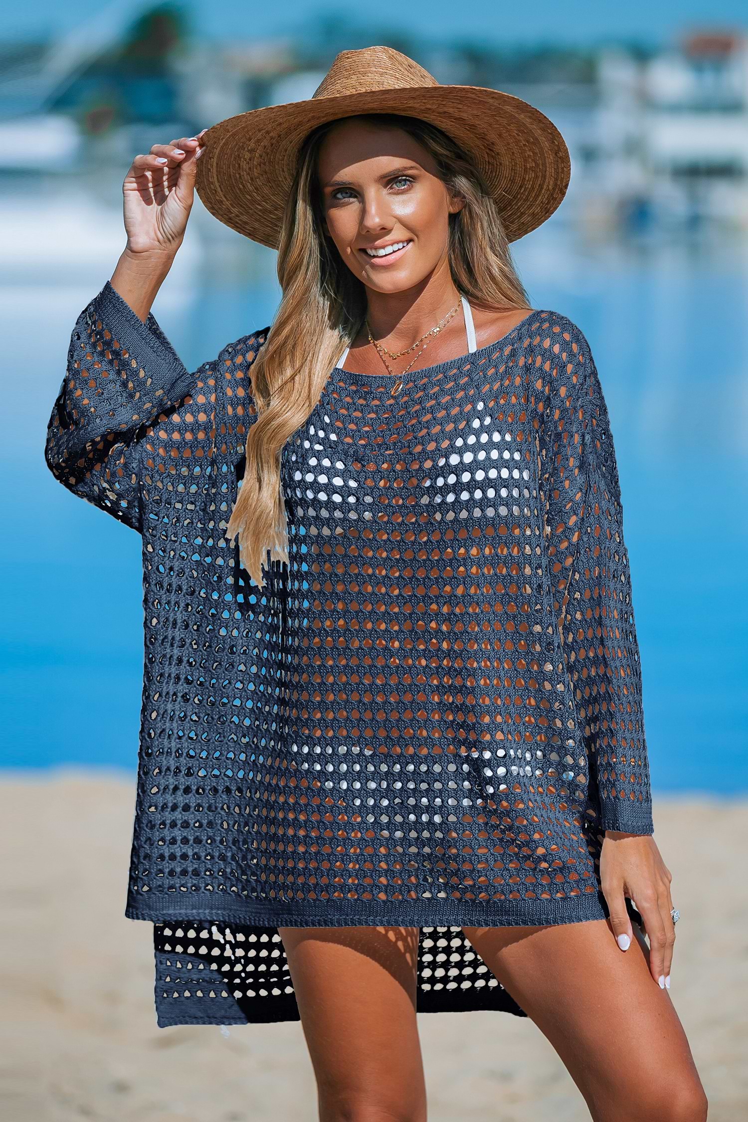 Royal Blue Long Sleeve Cutout Mini Cover-Up Dress-Cupshe NZ