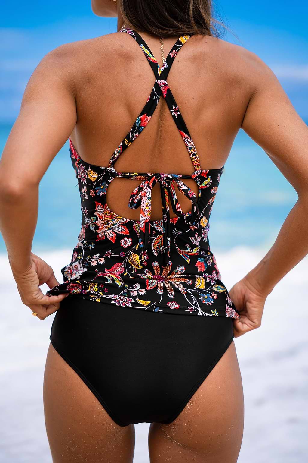 Midnight Floral Cutout Tankini Top & Standard Bottoms Set