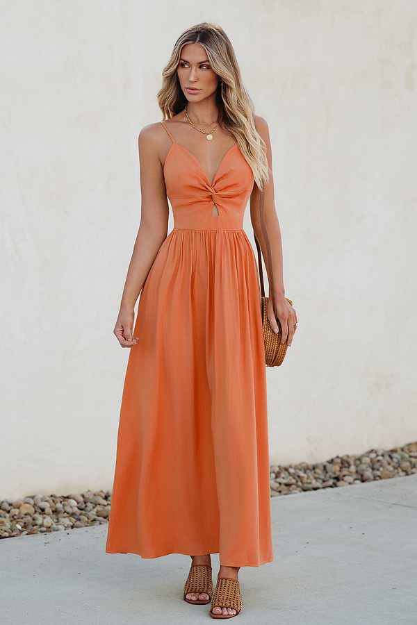 orange front twist dress Orange Front Twist Keyhole Maxi Dress