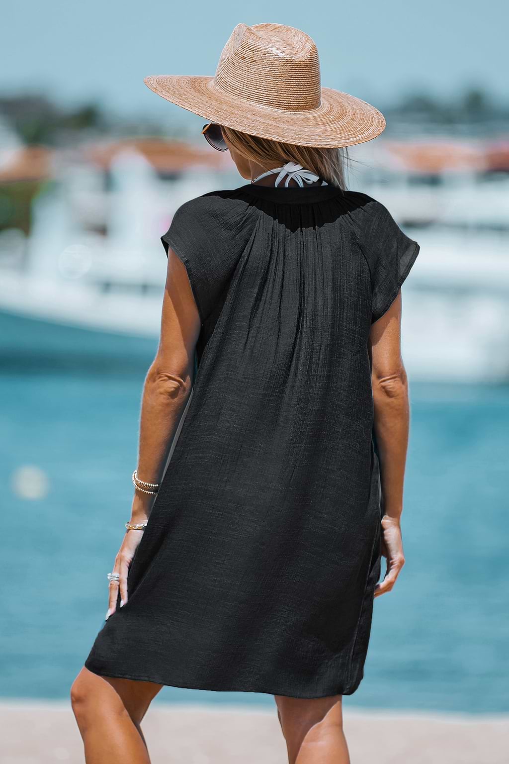Black V-Neck Short Sleeve Cover-Up Dress