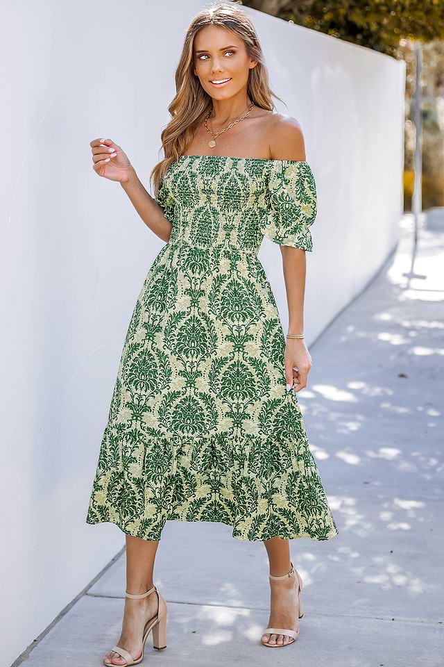 green emerald velvet dress Boden Women's Carolina Smocked Midi Dress in Green