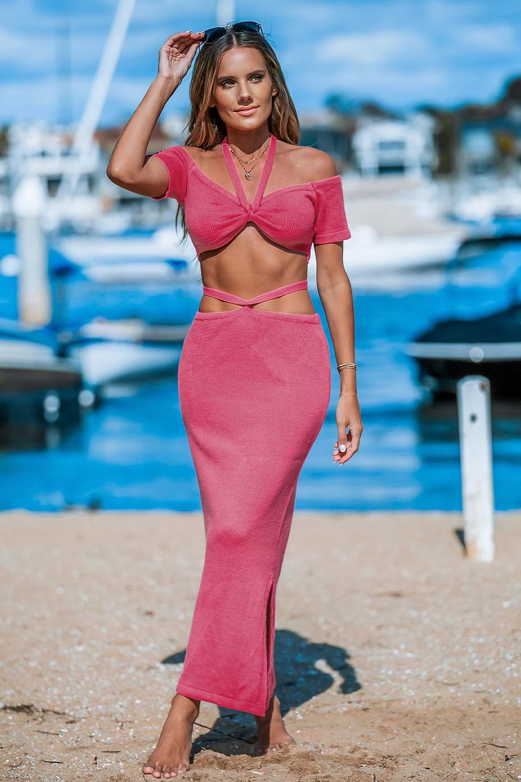 Pink Halter Crochet Crop Top & Maxi Skirt Set