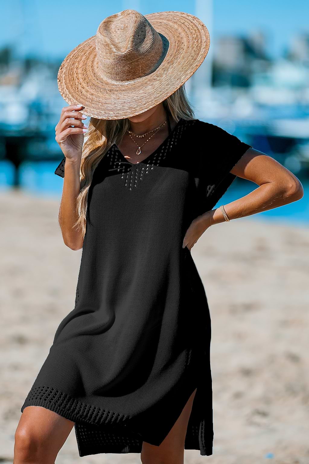 Schwarzes Cut-Out Strick-Cover-Up-Kleid