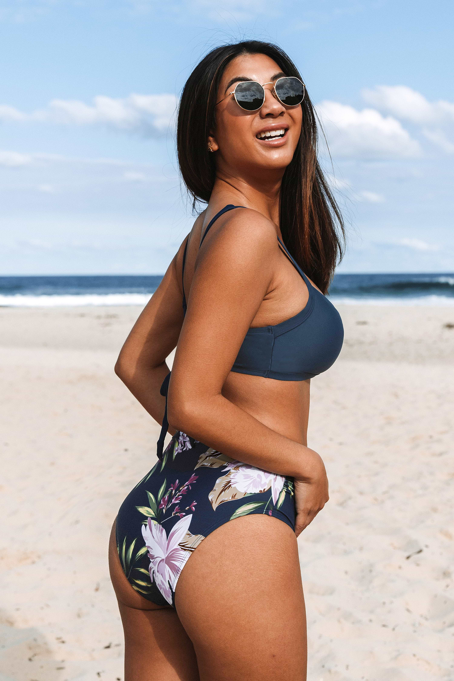 Cutout V-Neck Bikini Top & Floral High-Rise Bottoms Set
