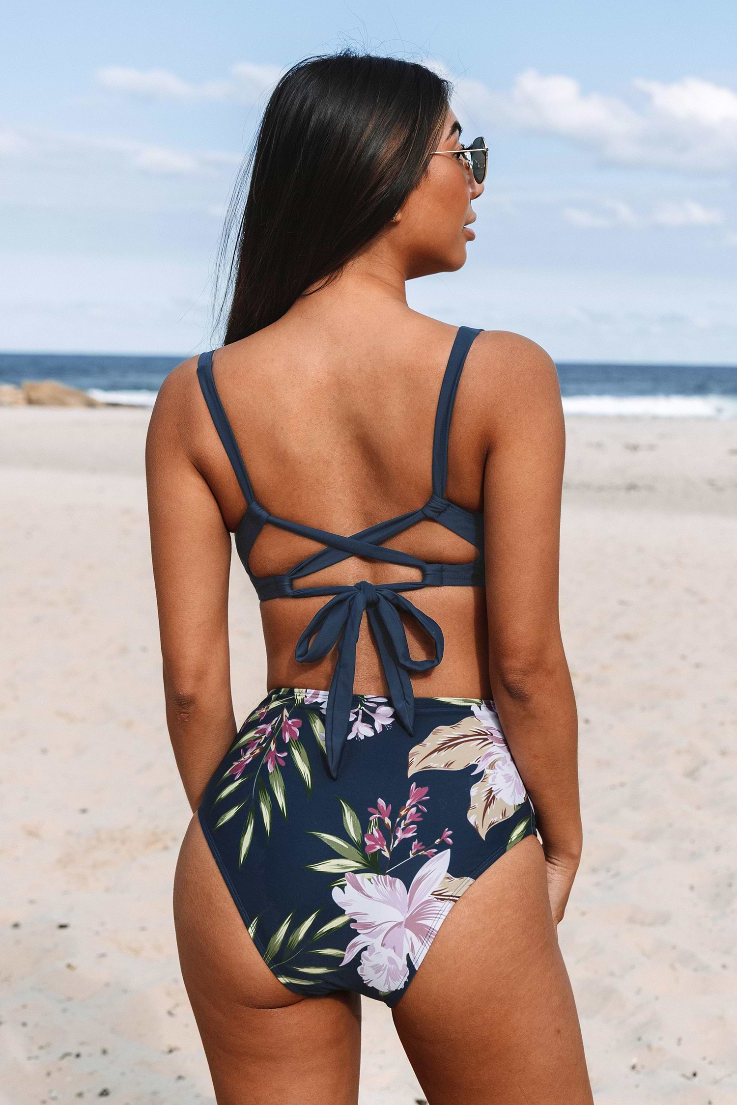 Cutout V-Neck Bikini Top & Floral High-Rise Bottoms Set