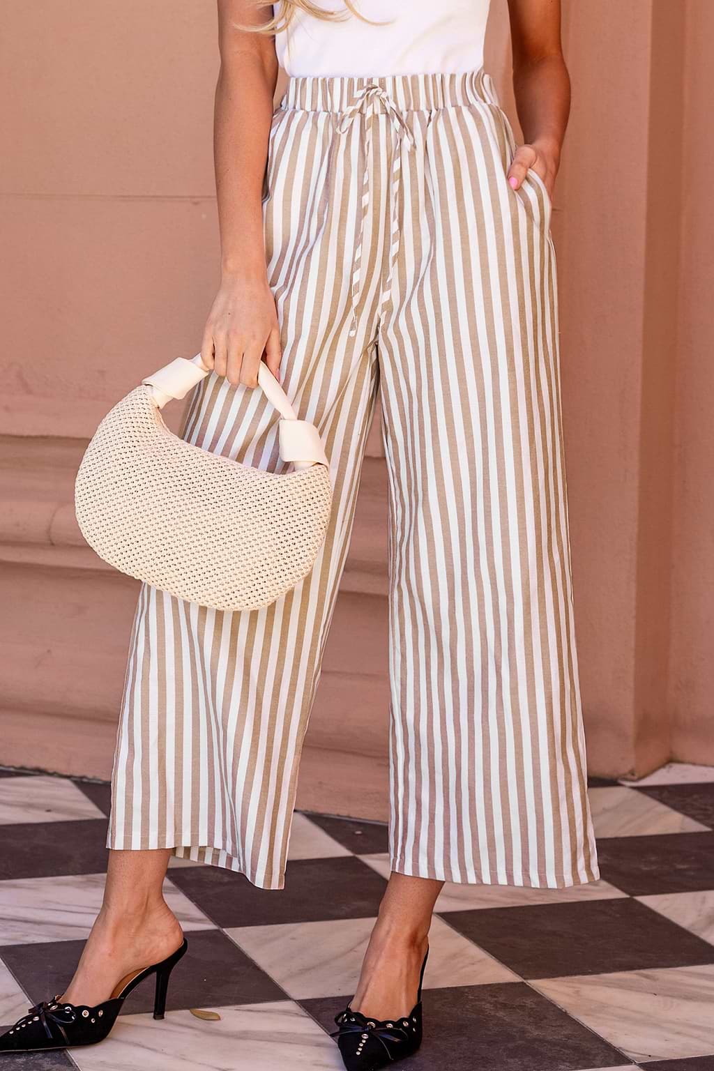 Striped Front Tie Wide Leg Pants