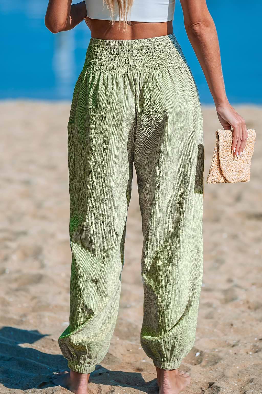 Green Striped Smocked Waist Patch Pocket Pants
