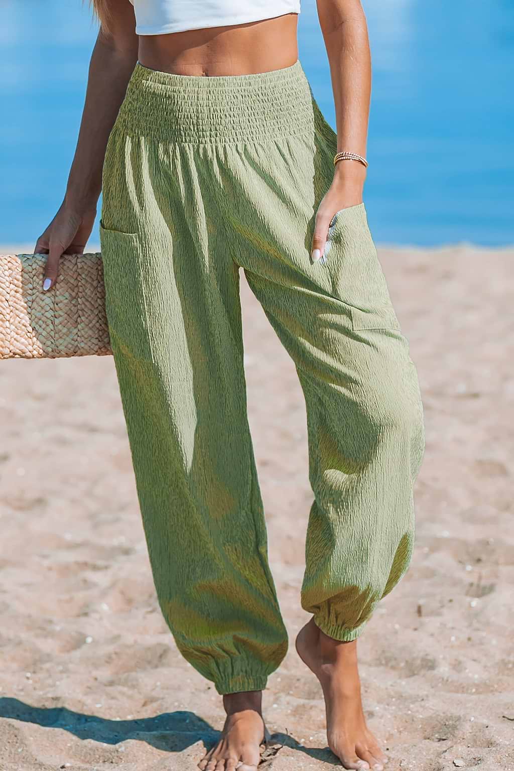 Green Striped Smocked Waist Patch Pocket Pants