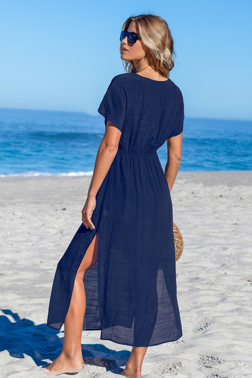 Robe cover up à col rond et coutures fendues bleu marine