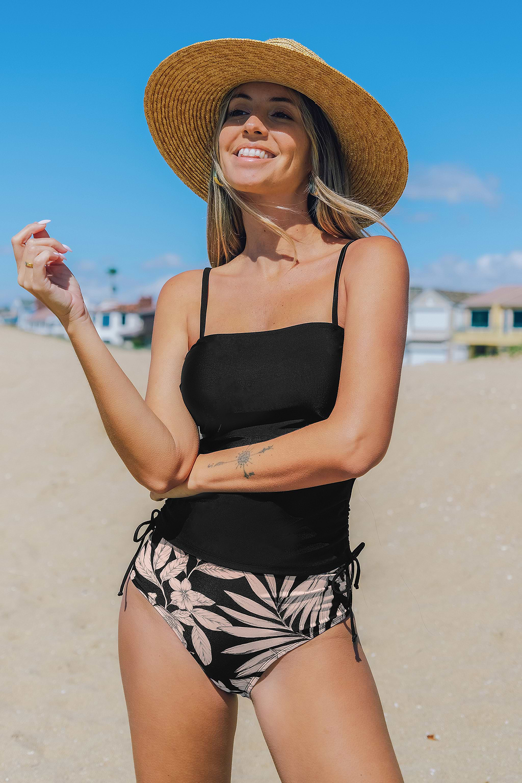 Escaping Ruched Tankini Top & Tropical High-Rise Bottoms Set