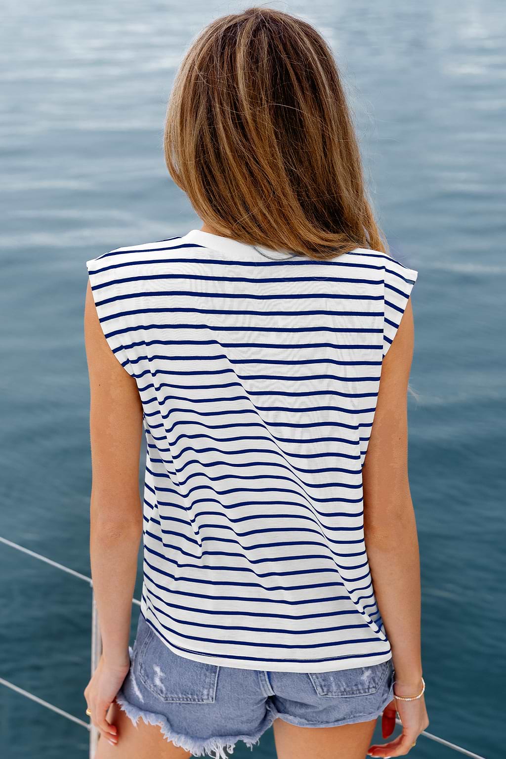 Blue & White Striped Cap Sleeve Tee