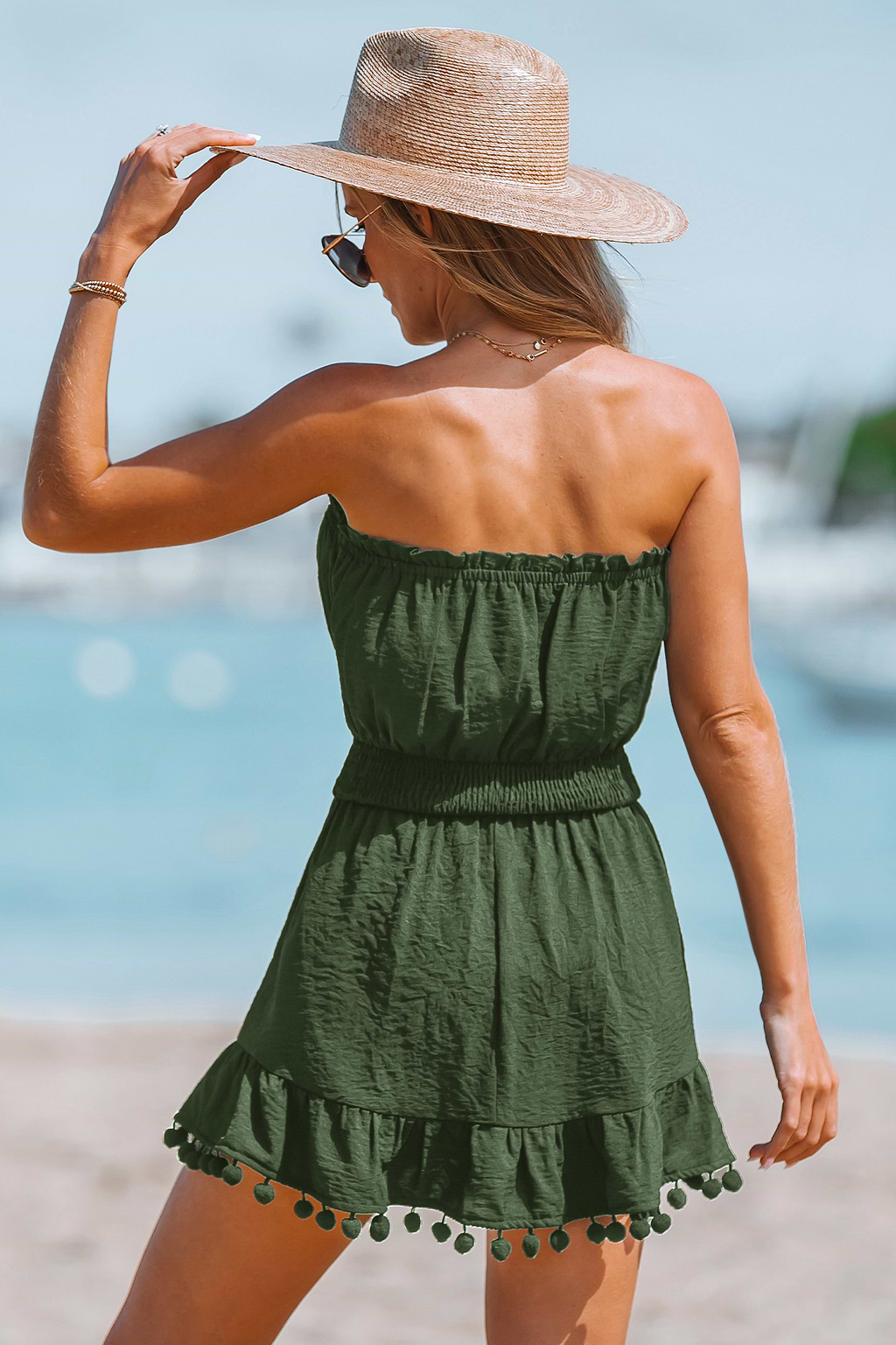 Olive Green Smocked Waist Pom-Pom Tube Cover-Up