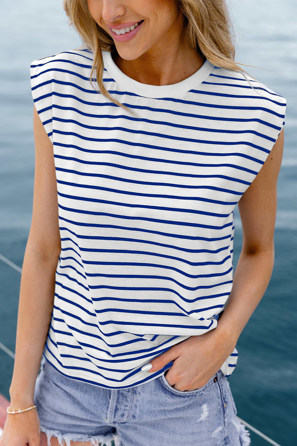 Blue & White Striped Cap Sleeve Tee