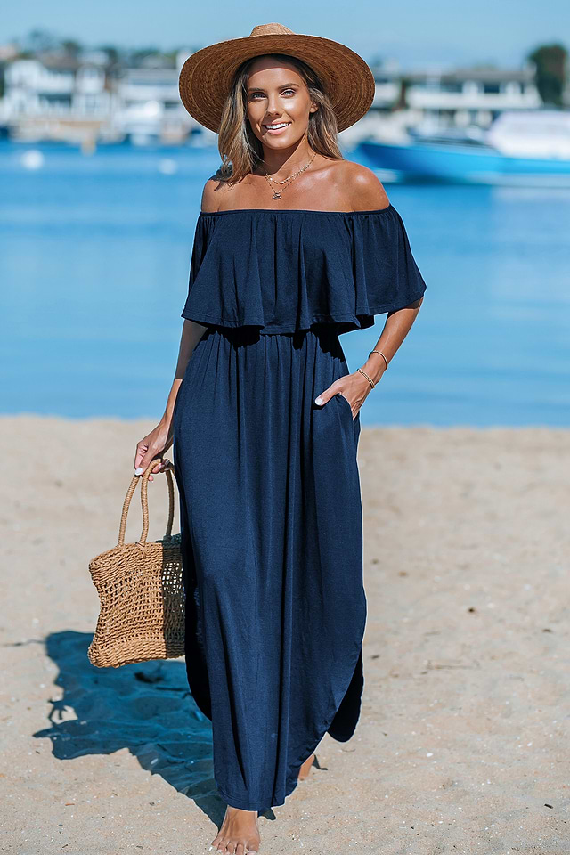 navy blue jersey maxi dress Emory Jersey Cape Maxi Dress / Navy | MESHKI