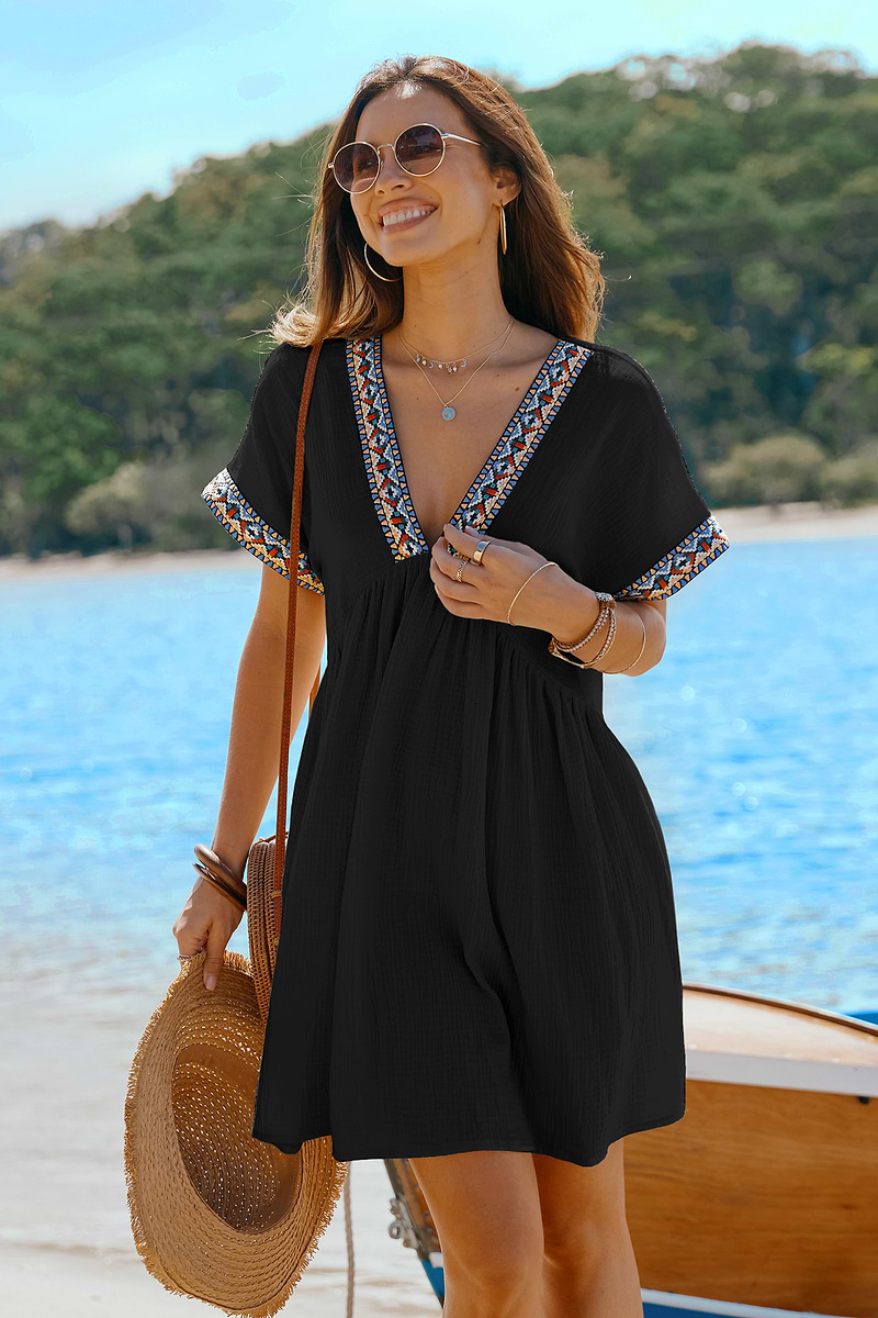 Black Plunging Short Sleeve Mini Dress