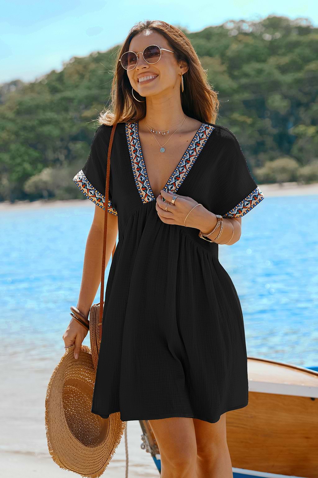 Black Plunging Short Sleeve Mini Dress
