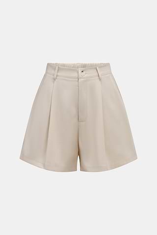 Beige Pleated Wide Leg Shorts