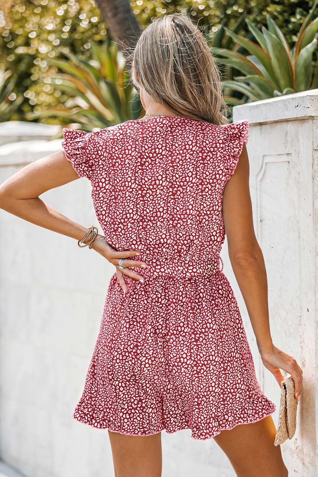 Red Ditsy V-Neck Flutter Sleeve Romper
