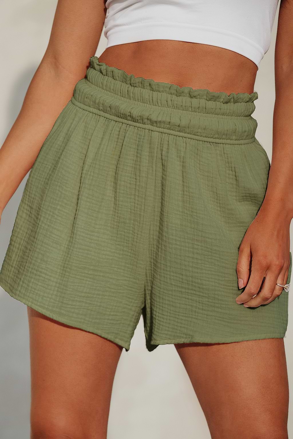 Green Smocked Paperbag Waist Shorts