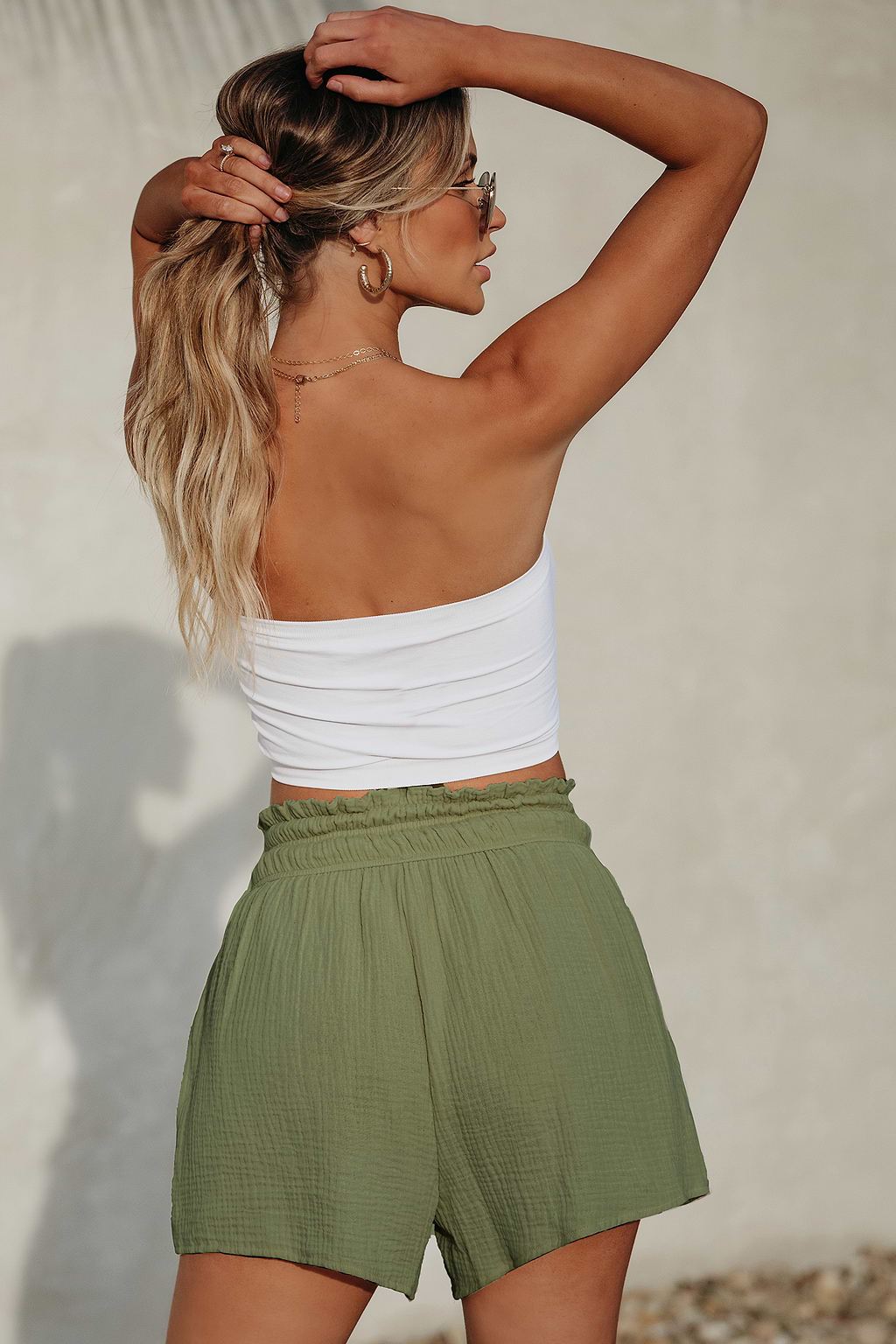 Green Smocked Paperbag Waist Shorts