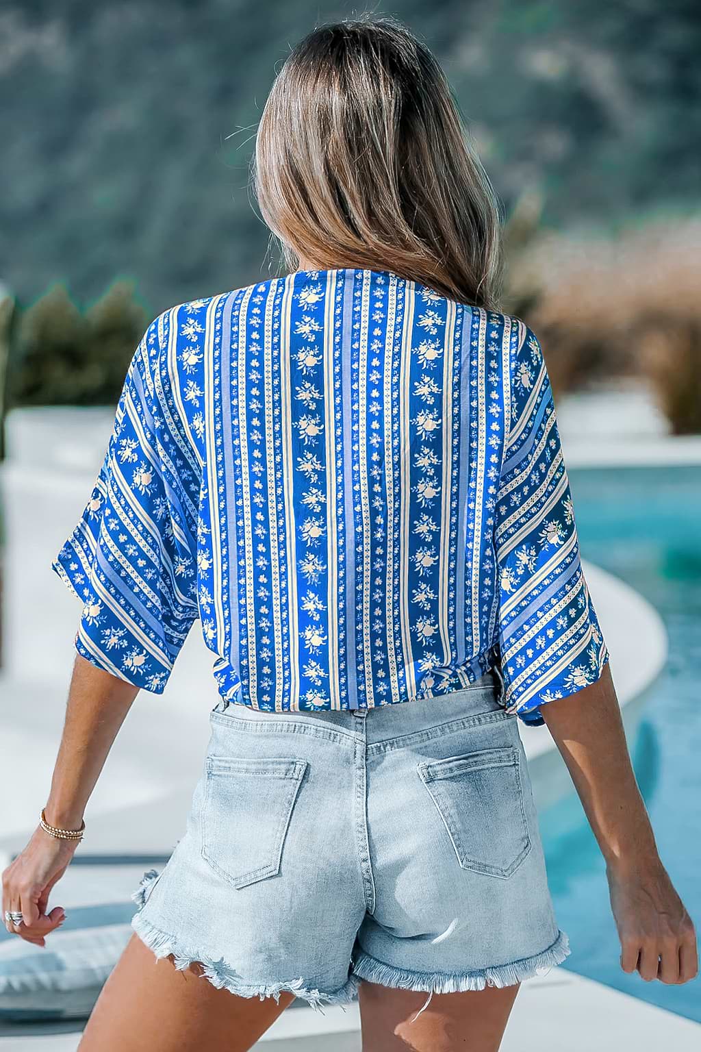 Royal Blue Boho Plunging Front Tie Cover-Up Top